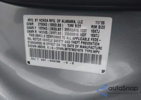 2007 Honda Odyssey Ex-L из США, поврежденный, VIN 5FNRL38757B021679